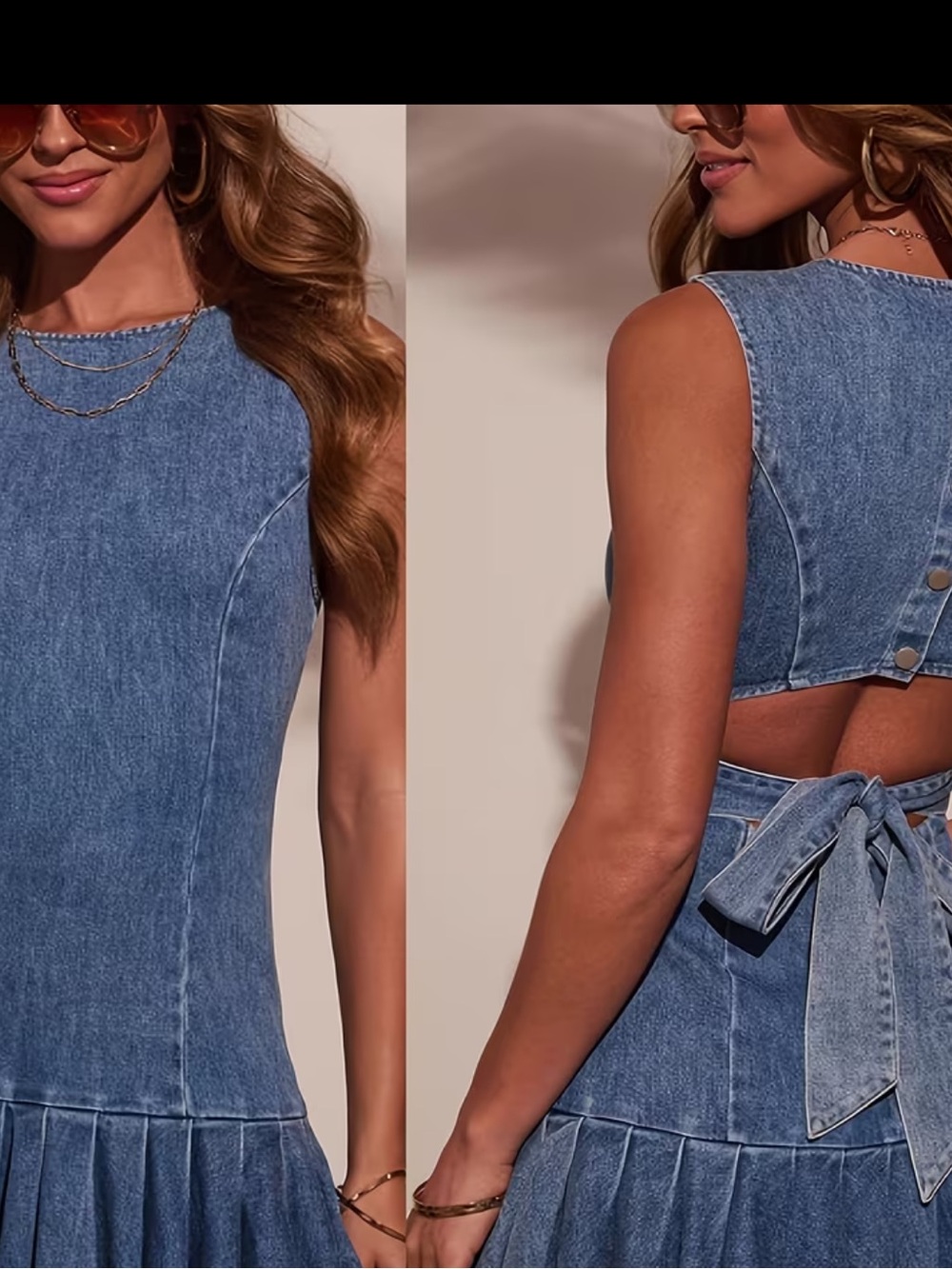 Amazon Blue Sleeveless Denim Mini Dress with Pleated Hem